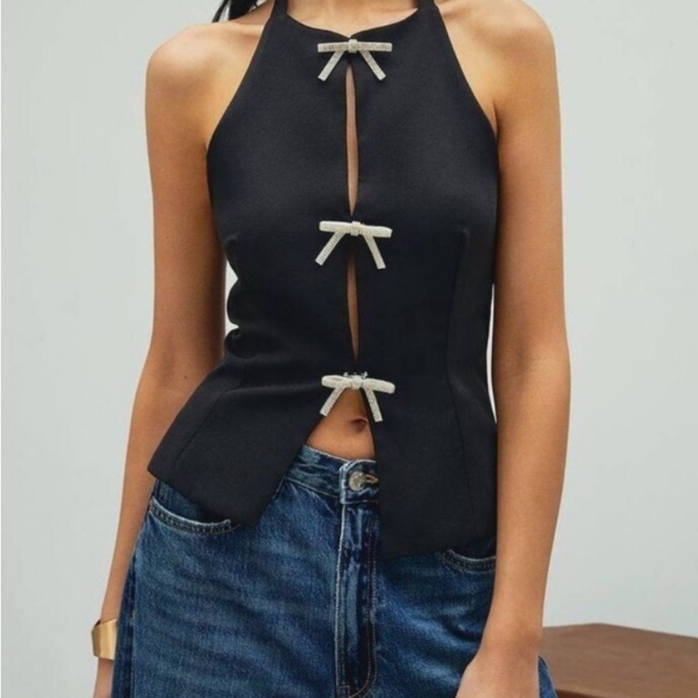 Zara Elegant Black Halter Top with Jewel Bow Accents size small NWT